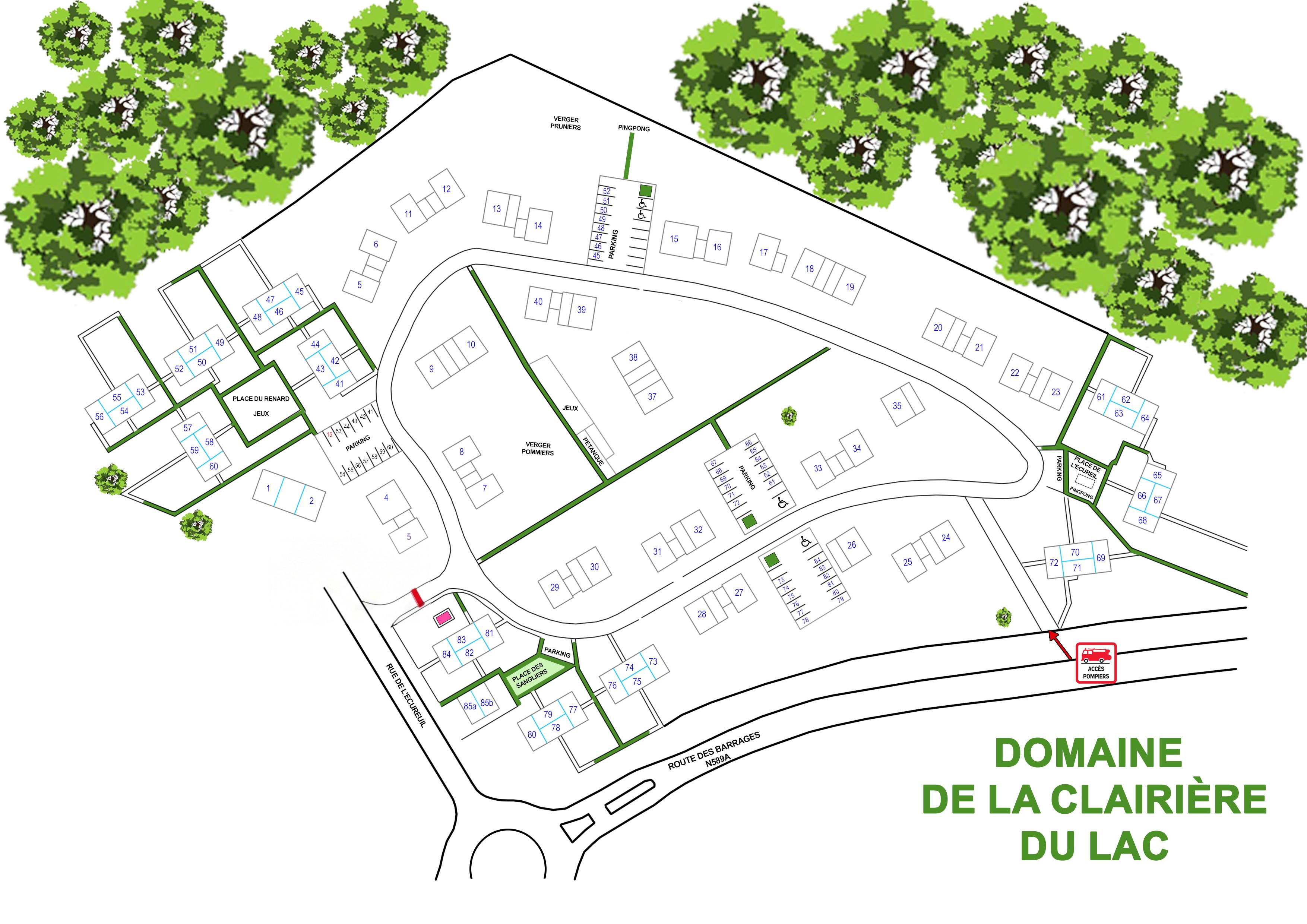Plan du domaine La Clairière du Lac — maisons numérotées